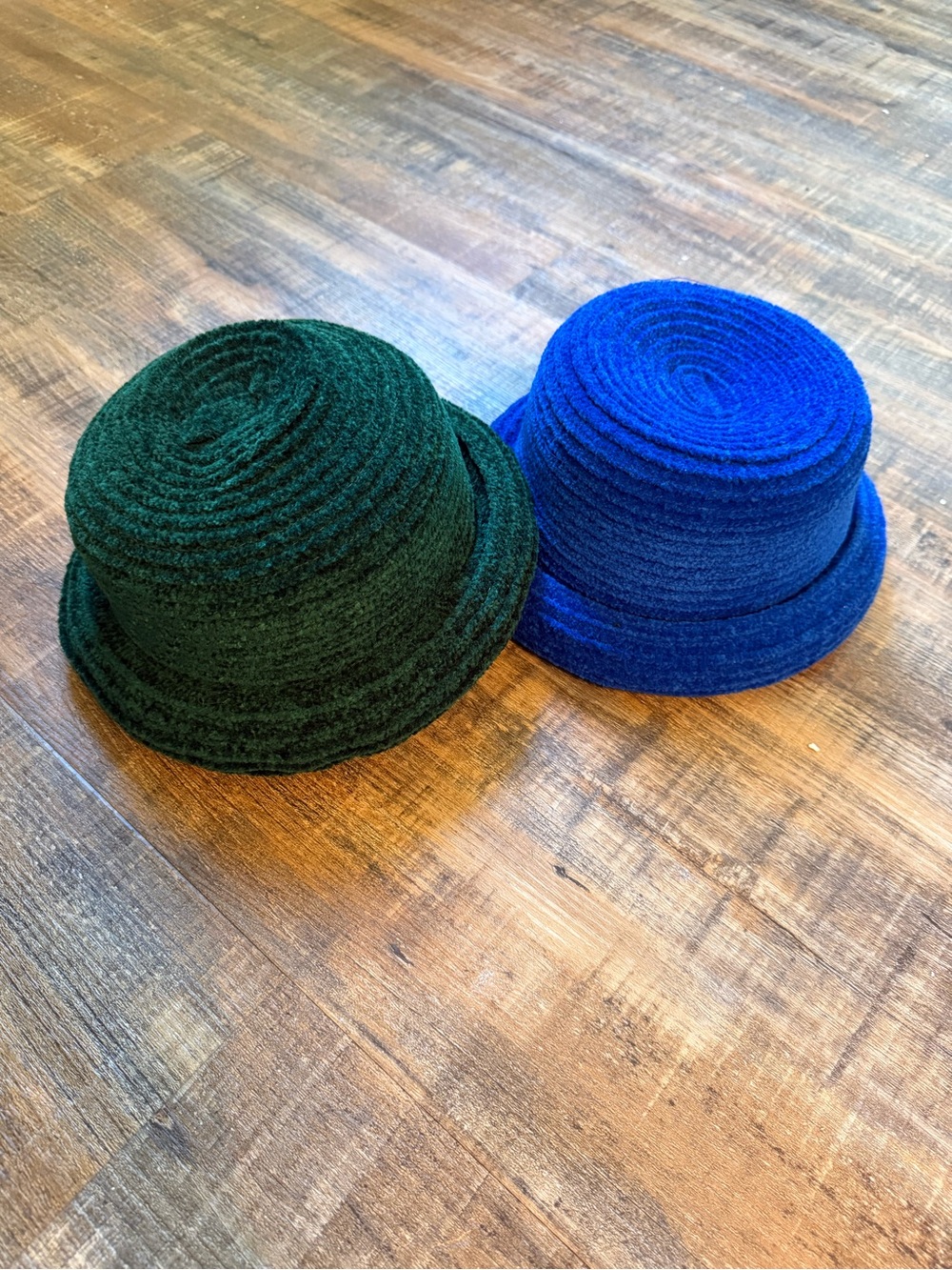 Set of 2 Blue Green Chenille Bowler Hats Retro Theater Costume Props